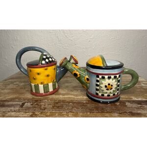 Vtg Sakura Debbie Mumm Ceramic Watering Can Salt and Pepper Shakers Hand Painted